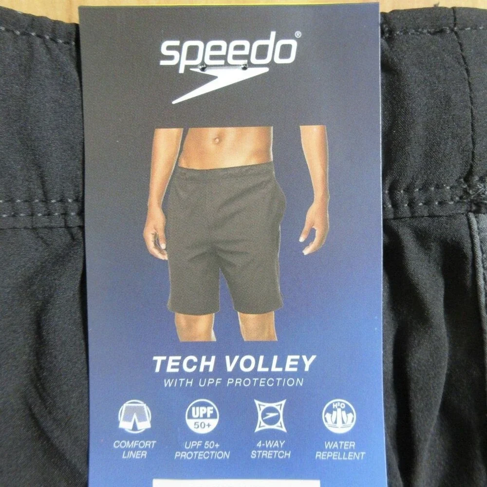 SPEEDO Tech Volley Swim Trunks Mens‎ Small Black Grey Swim Shorts Swimsuit NWT